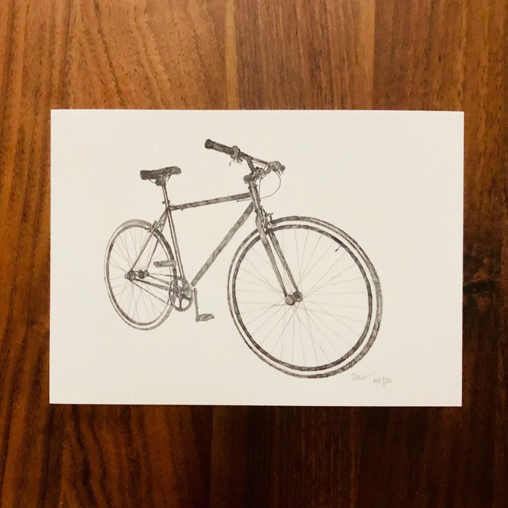 Giclee Bike Art Prints: Blue Tonal Watercolor & Graphite